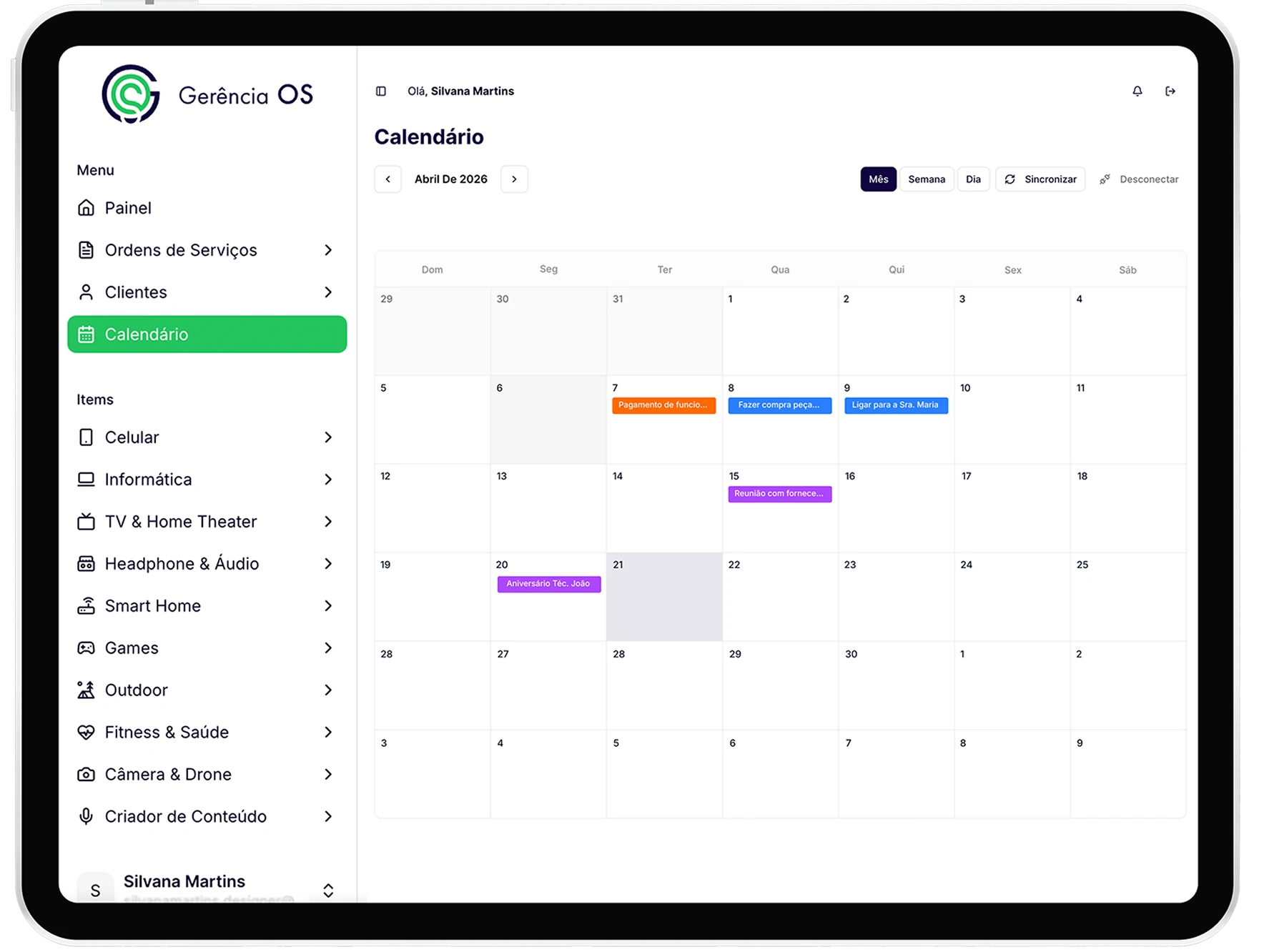Página inicial do calendário com visualização de eventos